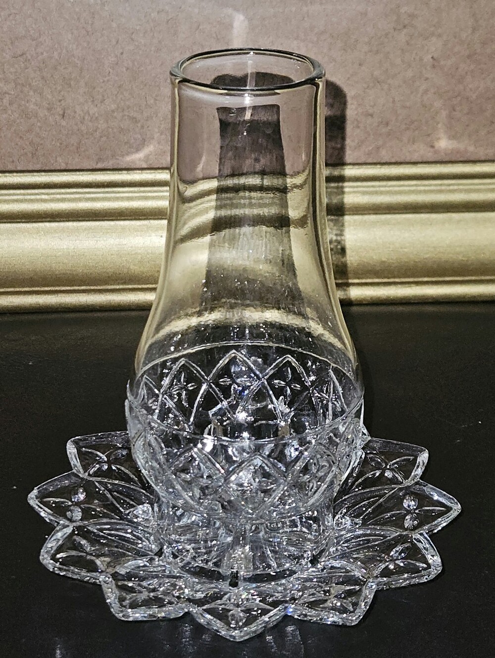 Vintage Federal Glass Petal Candle Lamp w Starburst Base & Chimney